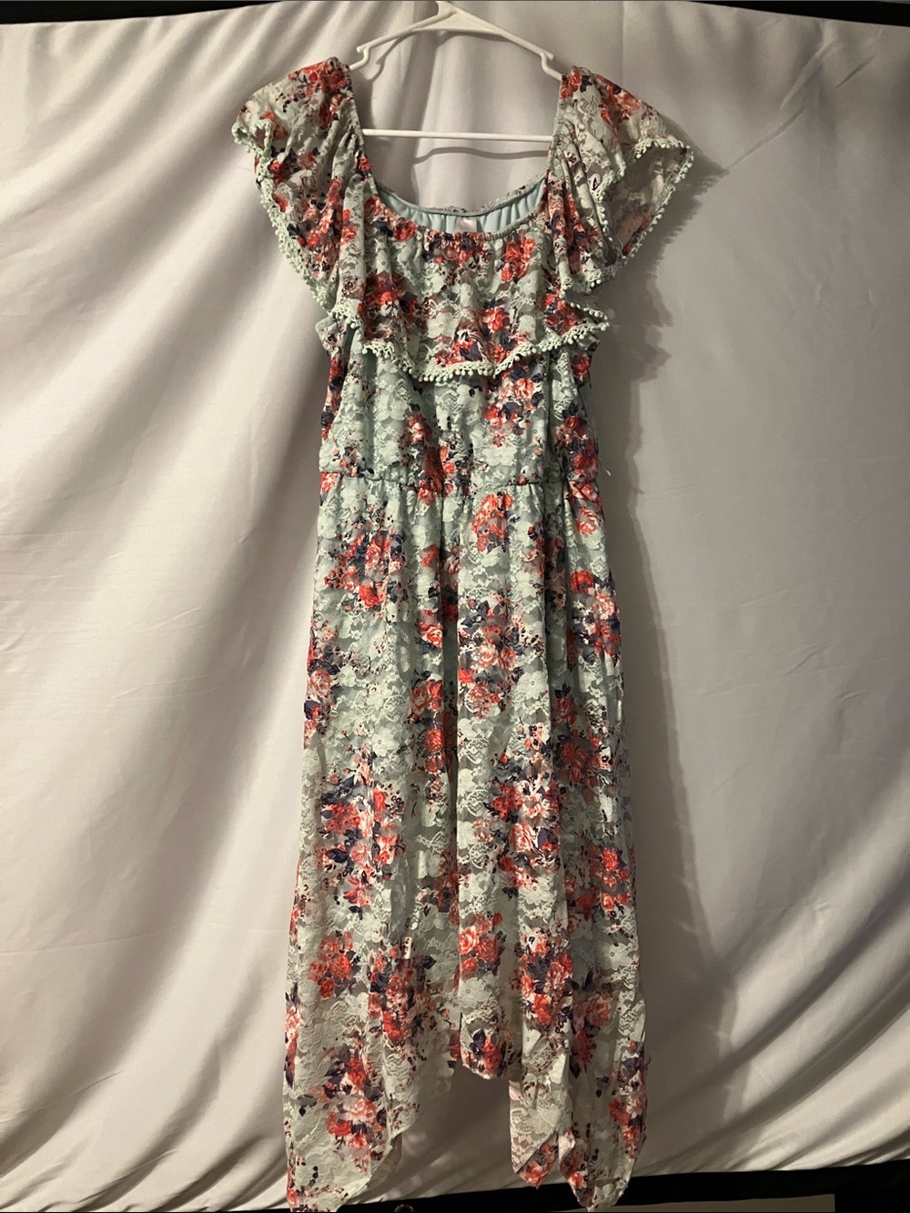 No Boundaries Floral Lace Overlay Midi Dress in Light Blue and Coral